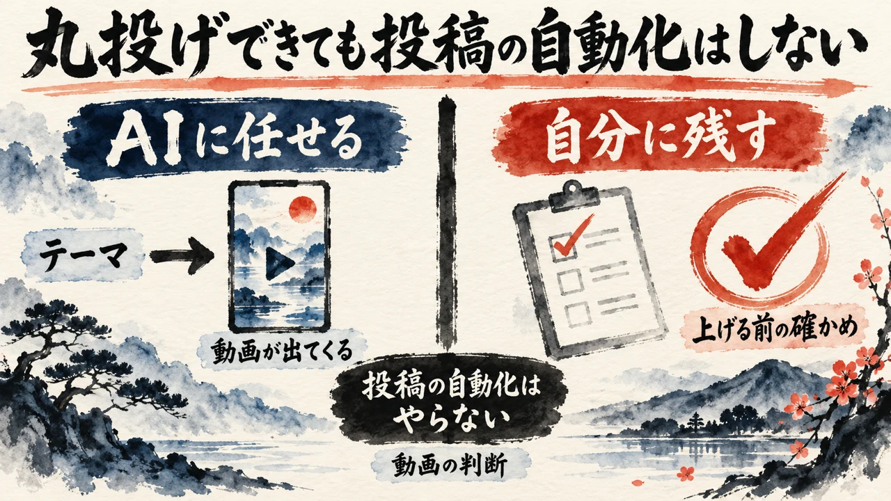 AIに任せる範囲はテーマから動画が出てくるまで、自分に残すのは上げる前の確かめ、投稿の自動化はやらない、という図解