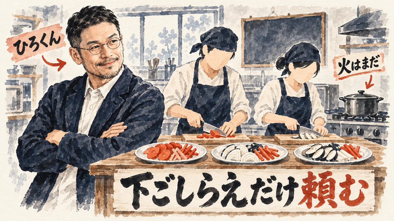 腕組みして助手の下ごしらえを見守るひろくんと、火の点いていない鍋のある調理場のコラム図解