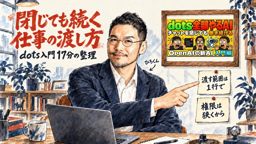 閉じても続く仕事の渡し方と、dots入門17分の整理を紹介するひろくん。壁に動画のサムネイル