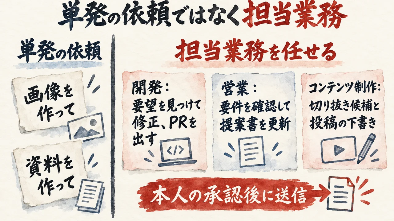 単発の依頼（画像を作って・資料を作って）と、担当業務を任せること（開発・営業・コンテンツ制作、本人の承認後に送信）を左右に比べた図解