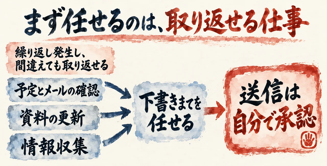 まず任せるのは取り返せる仕事。予定とメールの確認・資料の更新・情報収集は下書きまでを任せ、送信は自分で承認する流れを示した図解