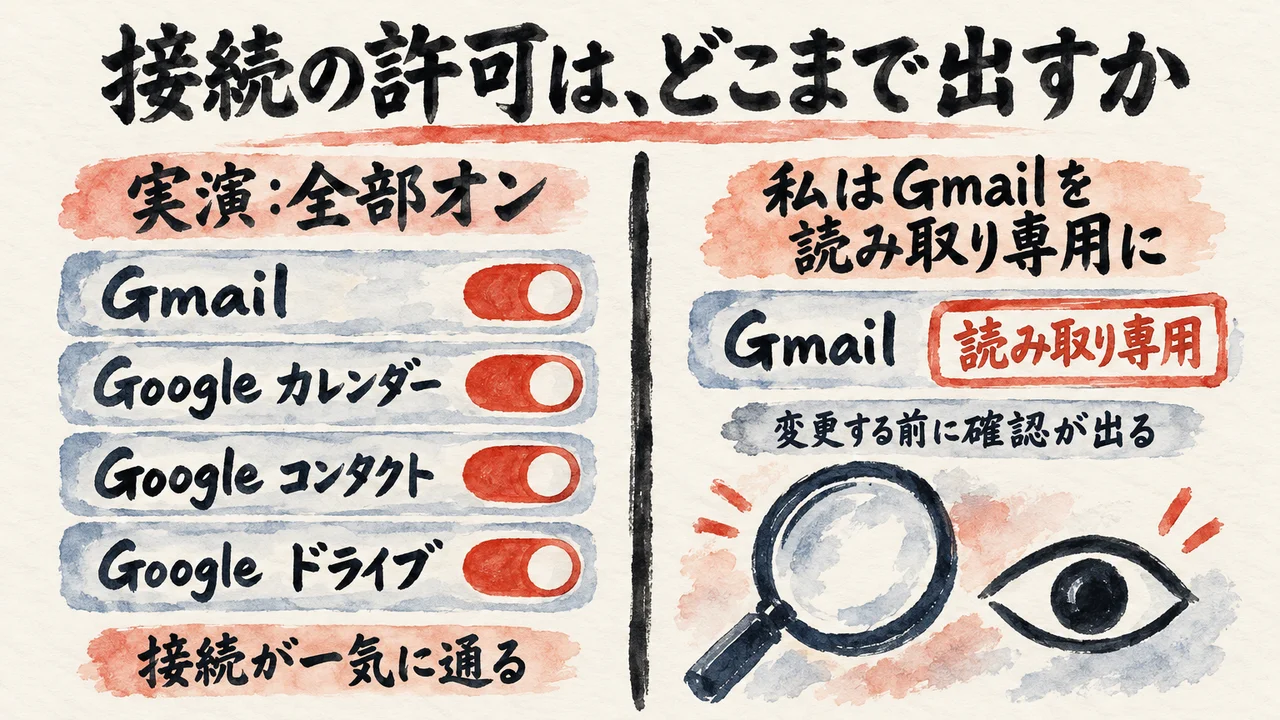 接続画面で全部オンにする場合と、Gmailを読み取り専用に狭める場合を左右に並べた図解