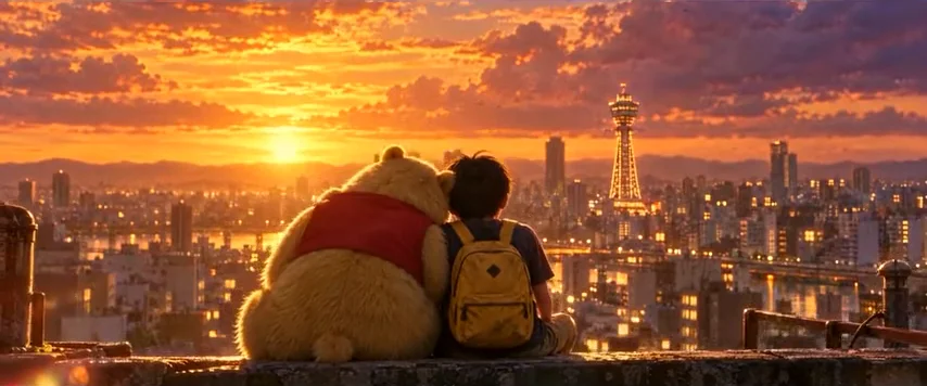 動画キャプチャ: 夕景の街を背に、赤い服のクマと黄色いリュックの少年が並んで座る、映画CMの場面（15:31頃）