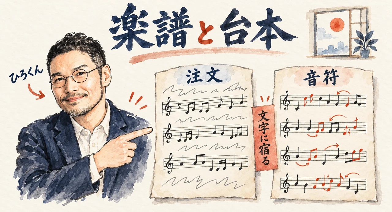 ひろくんが、「注文」と書かれた鉛筆の波線入りの楽譜と、音符そのものを書き換えた楽譜の2枚を指さす。2枚の間に「文字に宿る」の札がある図解