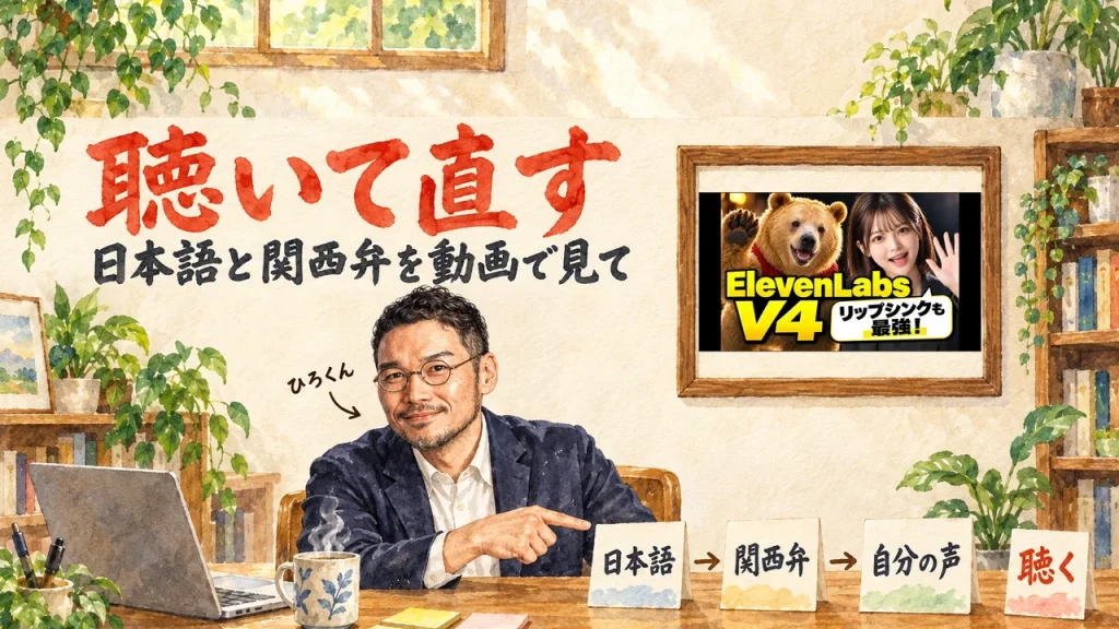 ひろくんが机の前で、「日本語」「関西弁」「自分の声」「聴く」の4枚の札を指さすアイキャッチ。右上の額縁に元動画のサムネイル。題字は「聴いて直す」日本語と関西弁を動画で見て