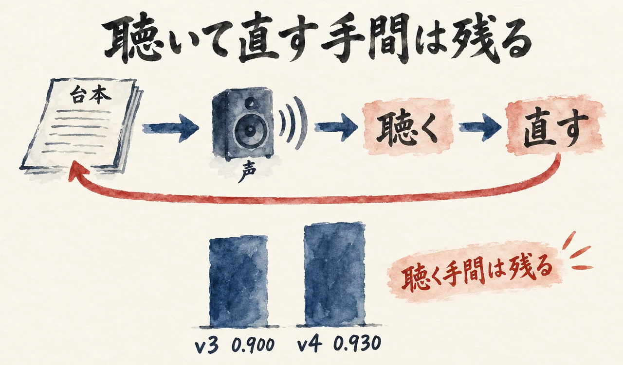 台本の紙から声のスピーカー、「聴く」「直す」と進み、「直す」から台本へ戻る矢印がある図解。下に、文字の一致率を示す2本の棒グラフ（v3は0.900、v4は0.930）と「聴く手間は残る」の札