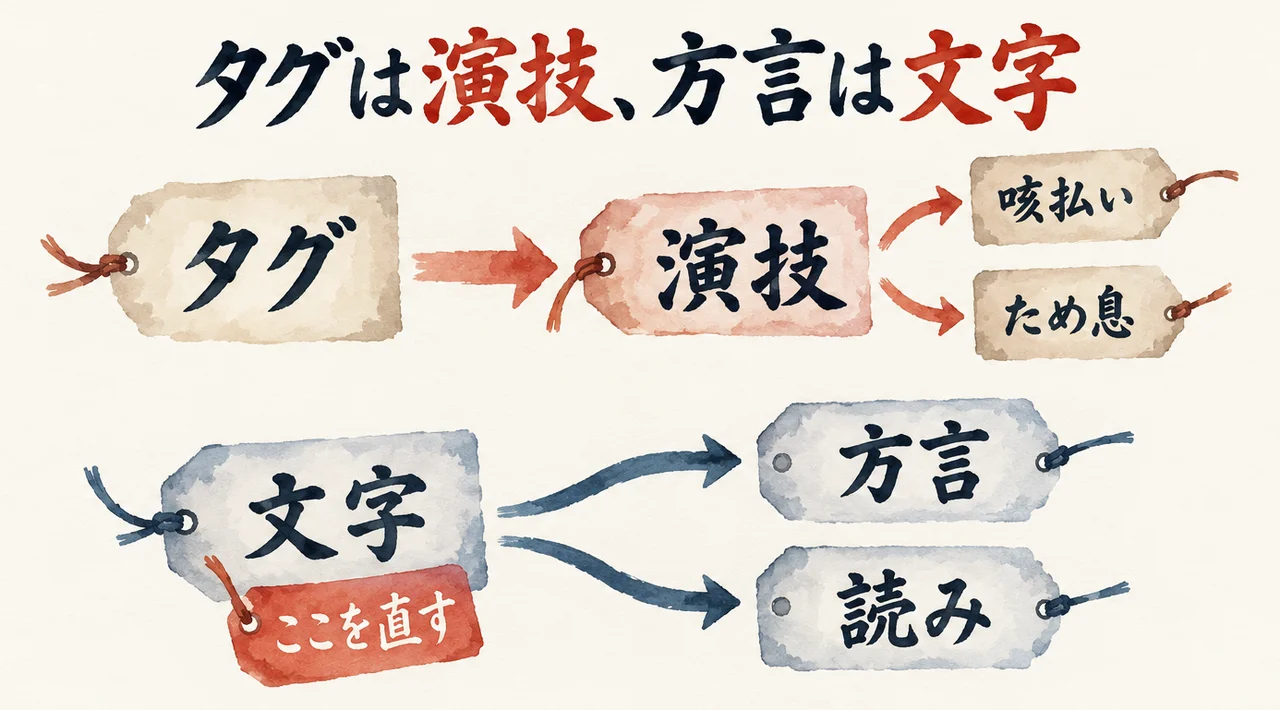 上段に「タグ」から「演技」へ進み、「咳払い」「ため息」へ分かれる流れ。下段に「文字」から「方言」「読み」へ分かれ、「文字」に「ここを直す」の札が付いた図解