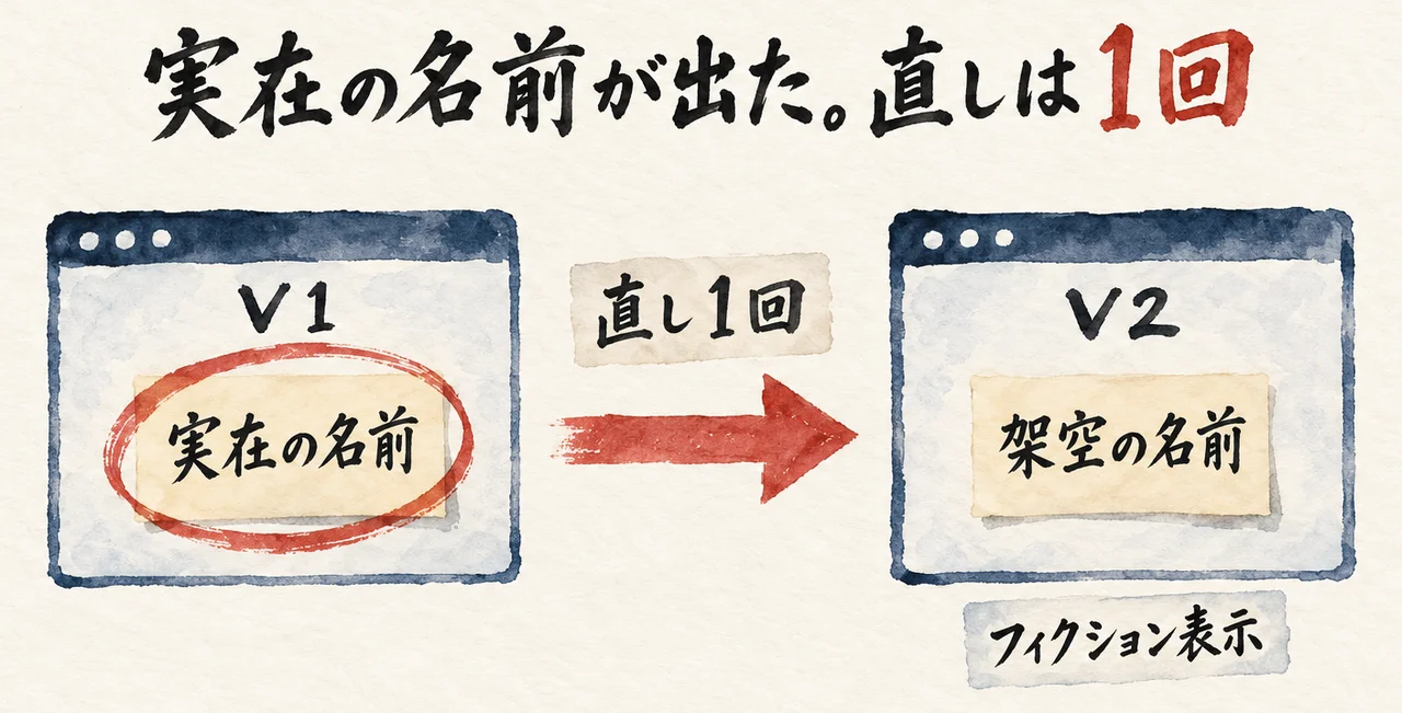 画面「V1」に「実在の名前」が丸で囲まれ、「直し1回」の矢印の先の画面「V2」で「架空の名前」に替わり、「フィクション表示」が付く図解