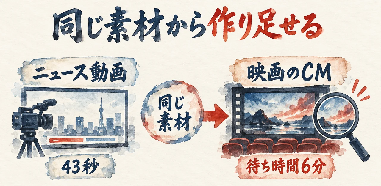 左の「ニュース動画」（43秒）から、「同じ素材」の円を通って右の「映画のCM」（待ち時間6分）へ進む矢印と、虫眼鏡で映像を確かめる絵の図解