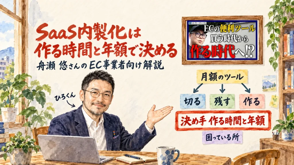 切る、残す、作るに分けた月額のツールの図の前で、ひろくんが笑顔で紹介している。筆文字はSaaS内製化は作る時間と年額で決める。壁に動画のサムネイル