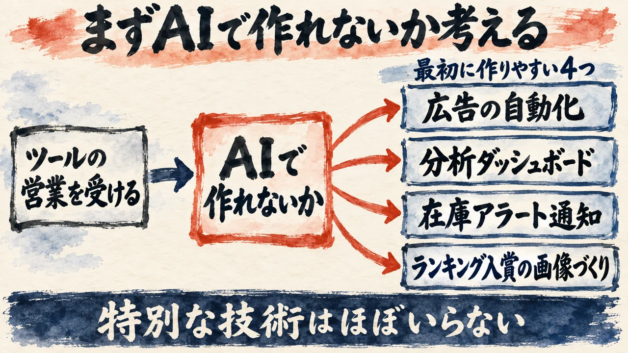 ツールの営業を受けたら、AIで作れないかを考え、広告の自動化、分析ダッシュボード、在庫アラート通知、ランキング入賞の画像づくりの4つから始める流れの図解