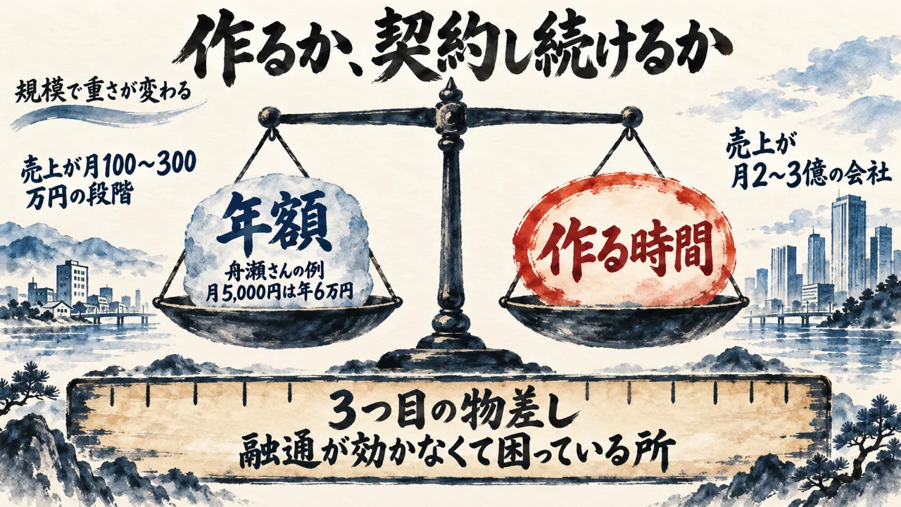 年額と作る時間を天秤にかけ、3つ目の物差しに融通が効かなくて困っている所を置いた図解。年額は舟瀬さんの例