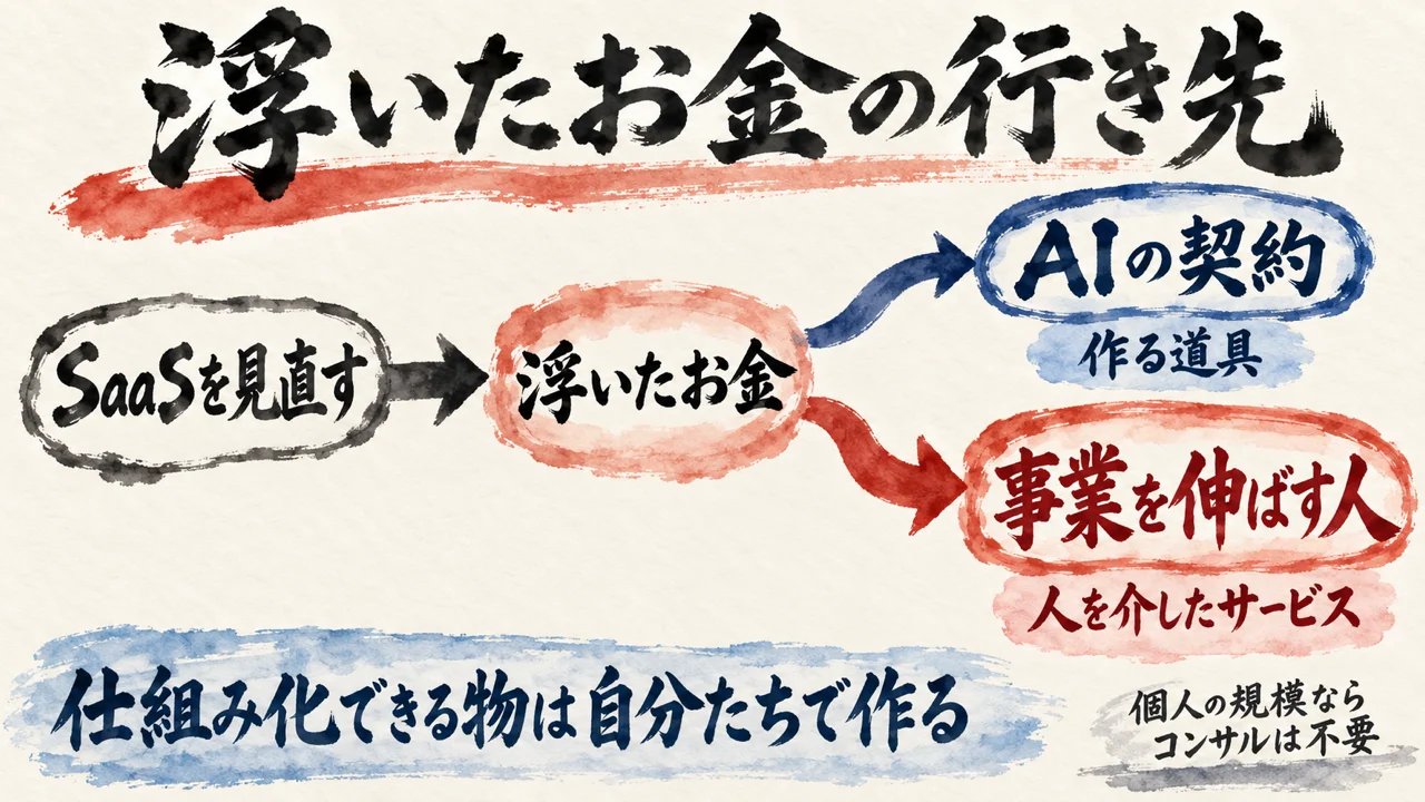 SaaSを見直して浮いたお金が、AIの契約と、事業を伸ばす人の2本に分かれる流れの図解