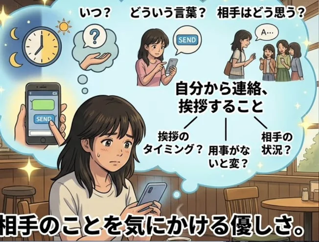 動画キャプチャ: 動画の中の図「自分から連絡、挨拶すること」（18:00頃）