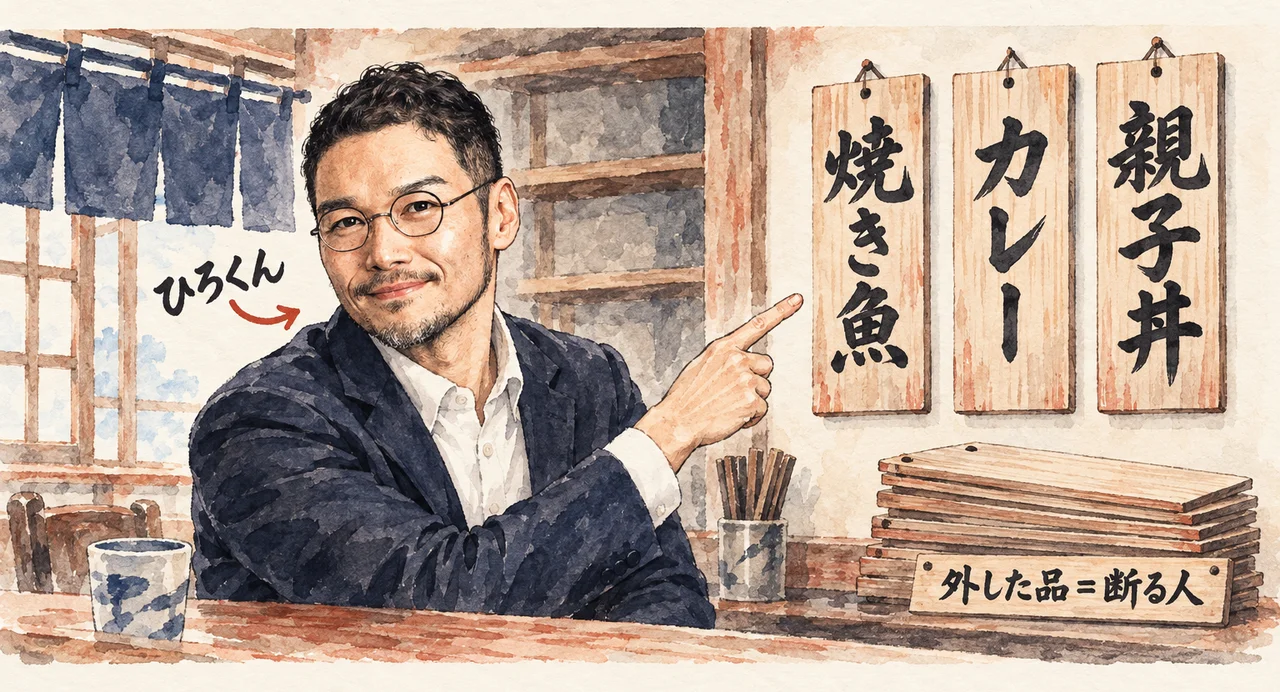 品書きを3枚の木札に絞り、外した木札の山を断る人と示した食堂の壁を、指さすひろくん