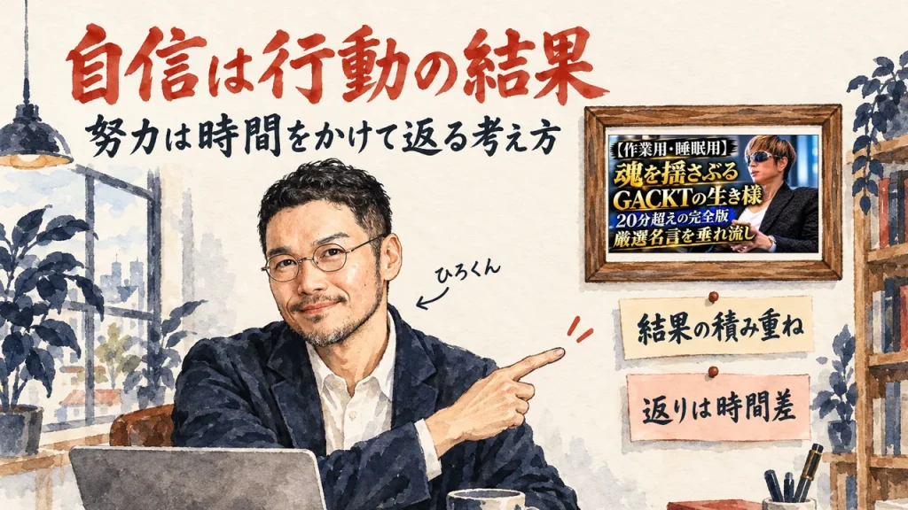 自信は行動の結果、努力は時間をかけて返る考え方。指さして話すひろくんと、壁に掛けた動画のサムネイル