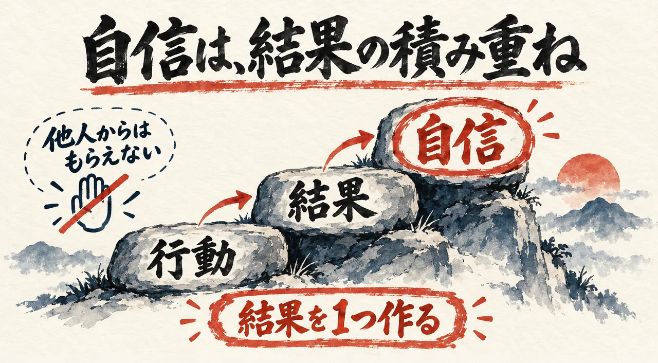 自信は結果の積み重ねで、行動、結果、自信の順に石の階段を上る図解。他人からはもらえない、と手の絵を斜線で消している