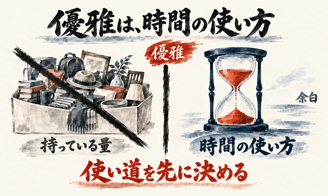 優雅は持っている量ではなく時間の使い方で決まる、と詰まった箱に斜線を引き、朱色の砂時計と並べた図解