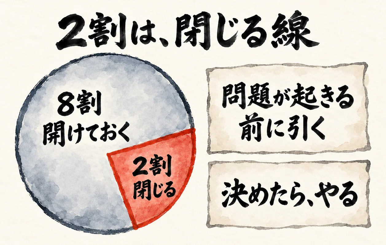 人との距離は8割を開けておき、2割は問題が起きる前に引いた線で閉じる、と丸いグラフで示した図解