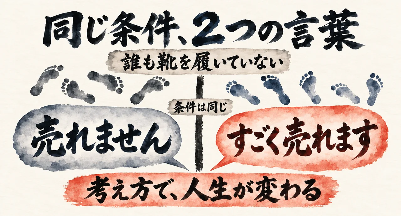 同じ条件でも、誰も靴を履いていない場所で、売れませんと言う人とすごく売れますと言う人がいる、と足跡と2つの吹き出しで示した図解