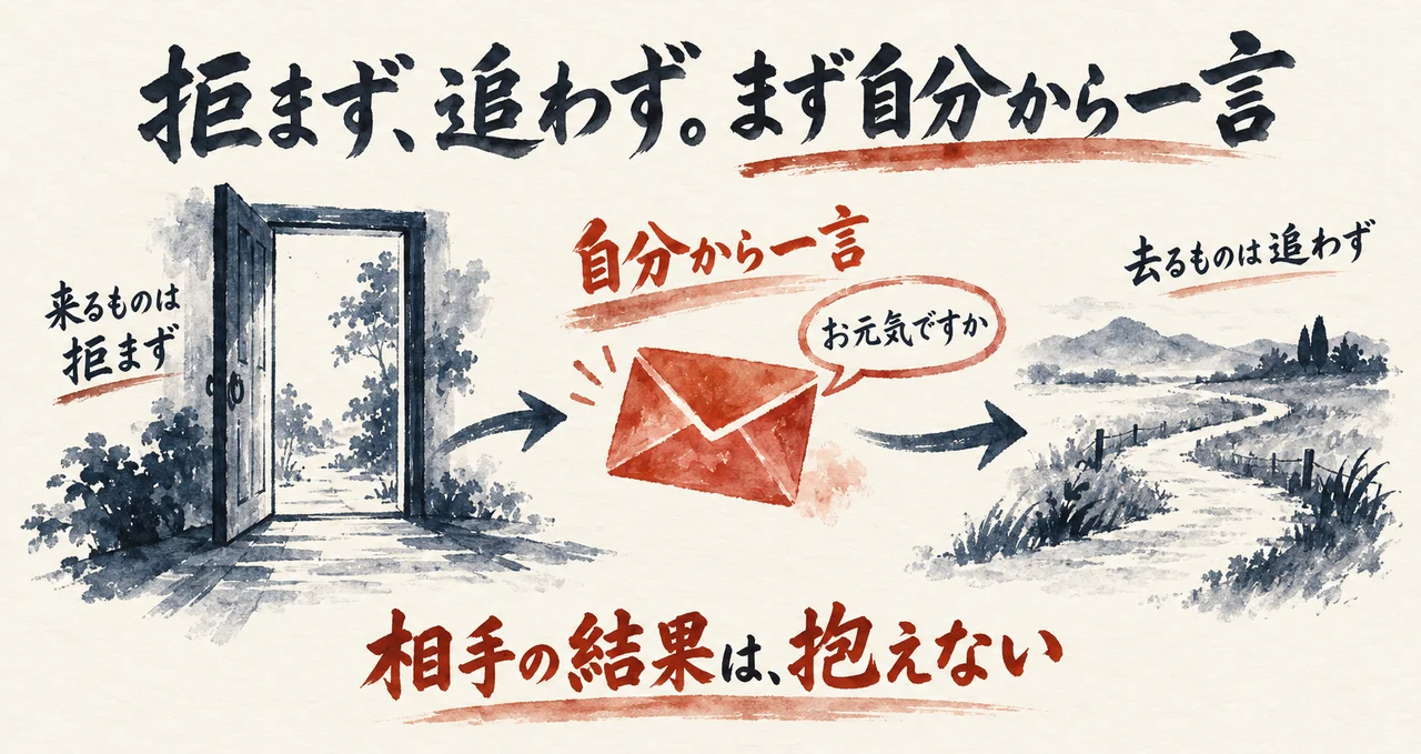 来るものは拒まず、去るものは追わず、その前に自分から一言の連絡を入れる、と開いた扉と封筒で示した図解