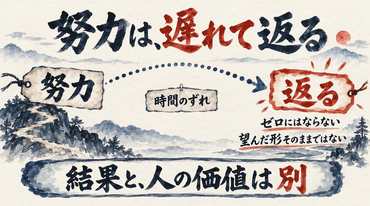 努力は時間のずれをおいて返ってくる、と努力の札から返るの札へ点線の弧を引いた図解。結果と人の価値は別