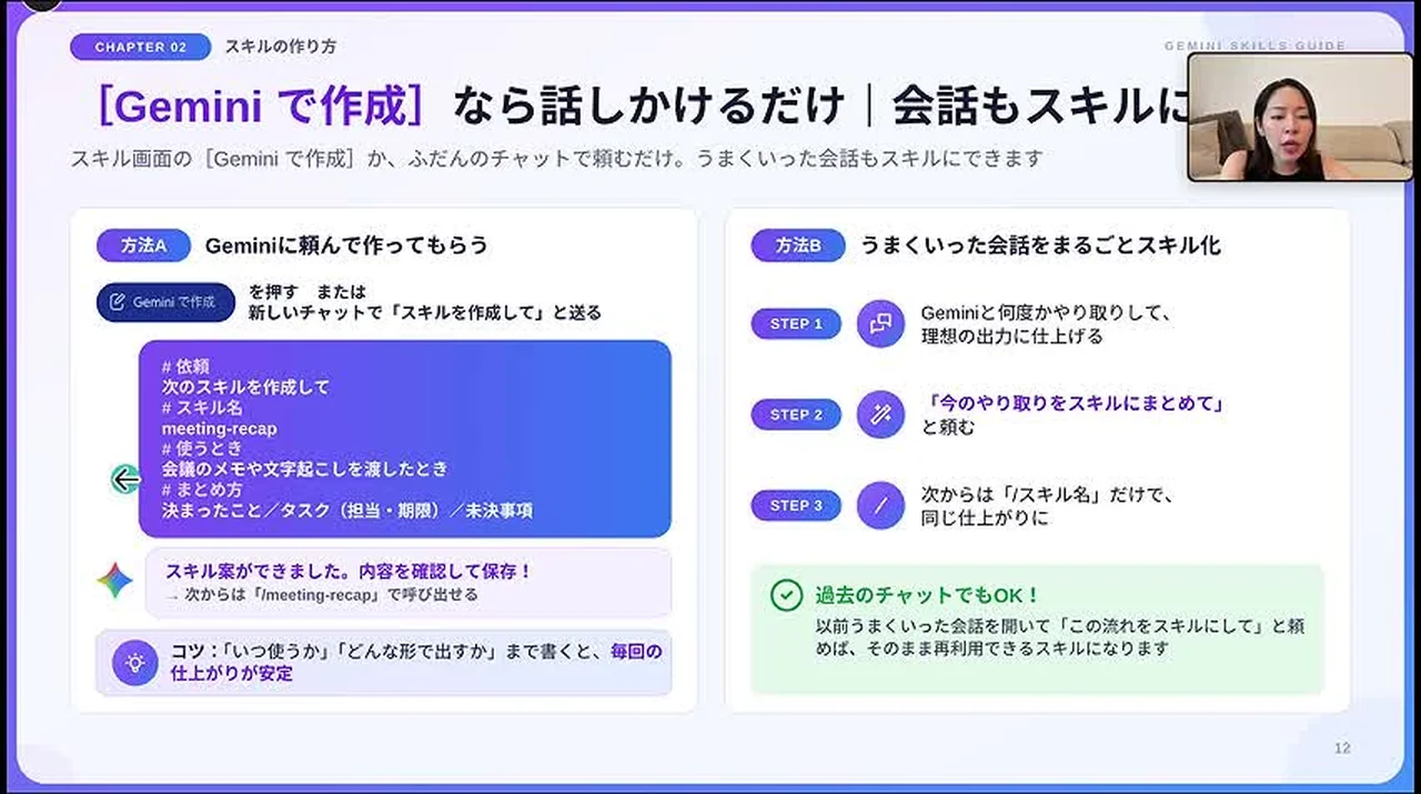 動画キャプチャ: 「Geminiで作成」でスキルを作る手順と、うまくいった会話をスキルにする手順を並べたスライド（4:50頃）