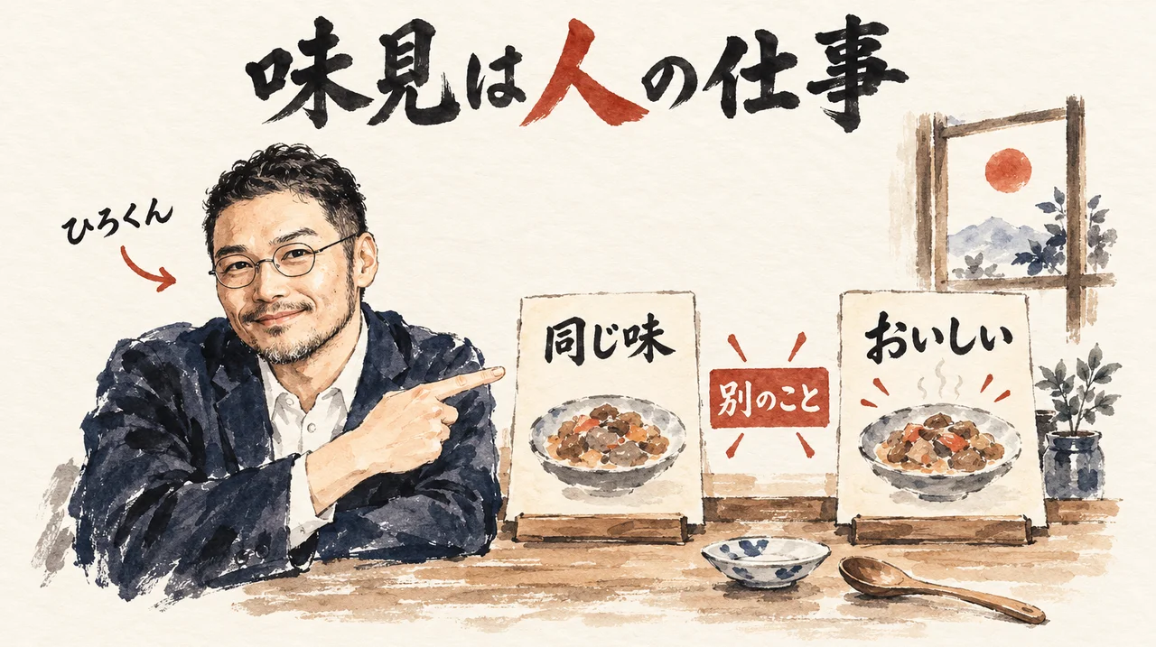 ひろくんが、「同じ味」と「おいしい」の2枚の札を指さす。2枚の間に「別のこと」の札があり、見出しは「味見は人の仕事」