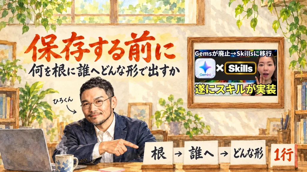 ひろくんが机の前で、「根」「誰へ」「どんな形」「1行」の札を指さすアイキャッチ。題字は「保存する前に」「何を根に誰へどんな形で出すか」。右上の壁の額縁に、Geminiのスキルを紹介する動画のサムネイル