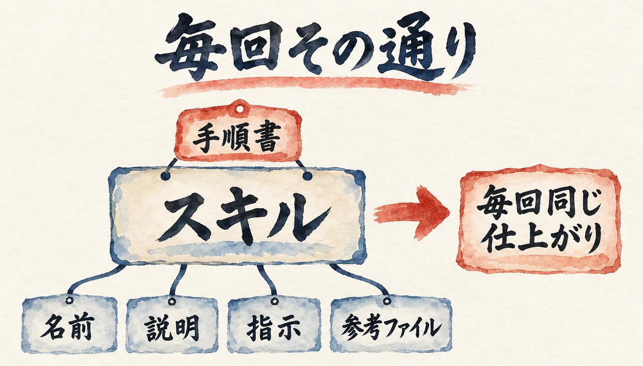 中央の「スキル」の札から、下に「名前」「説明」「指示」「参考ファイル」の4枚が伸び、右の「毎回同じ仕上がり」へ矢印で進む図解。上に「手順書」の札がある