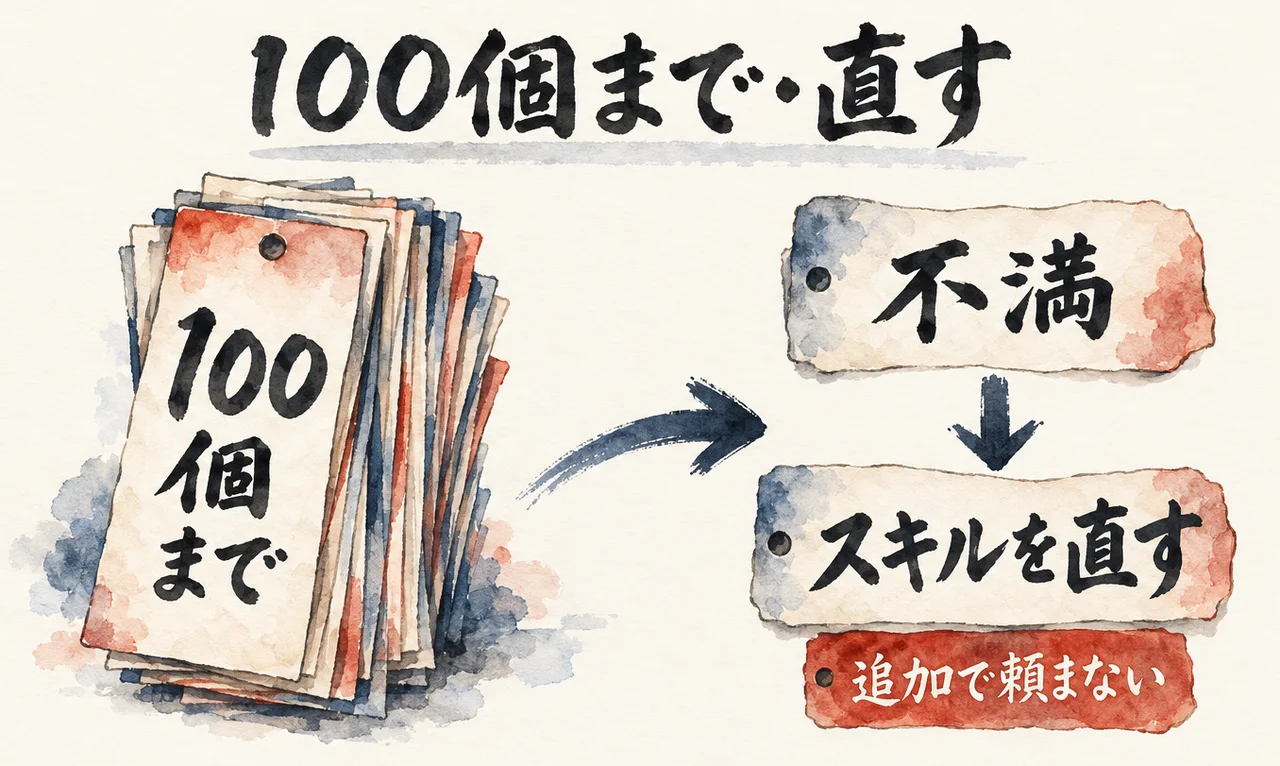 左に「100個まで」と書かれた札の束、右に「不満」から「スキルを直す」へ進む札があり、その下に「追加で頼まない」の札が付く図解