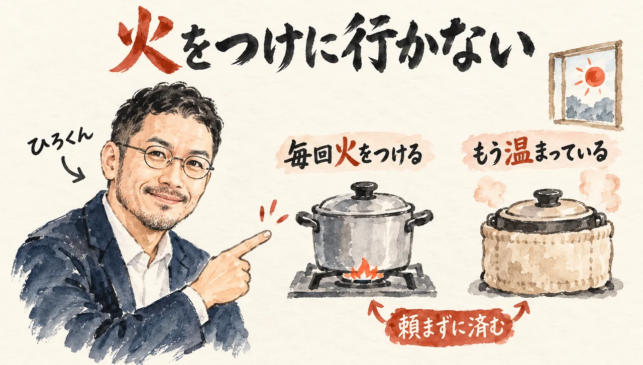 ひろくんが、コンロの上の鍋(毎回火をつける)と、保温された鍋(もう温まっている)の2つを指さす。2つの間に「頼まずに済む」の札がある図解