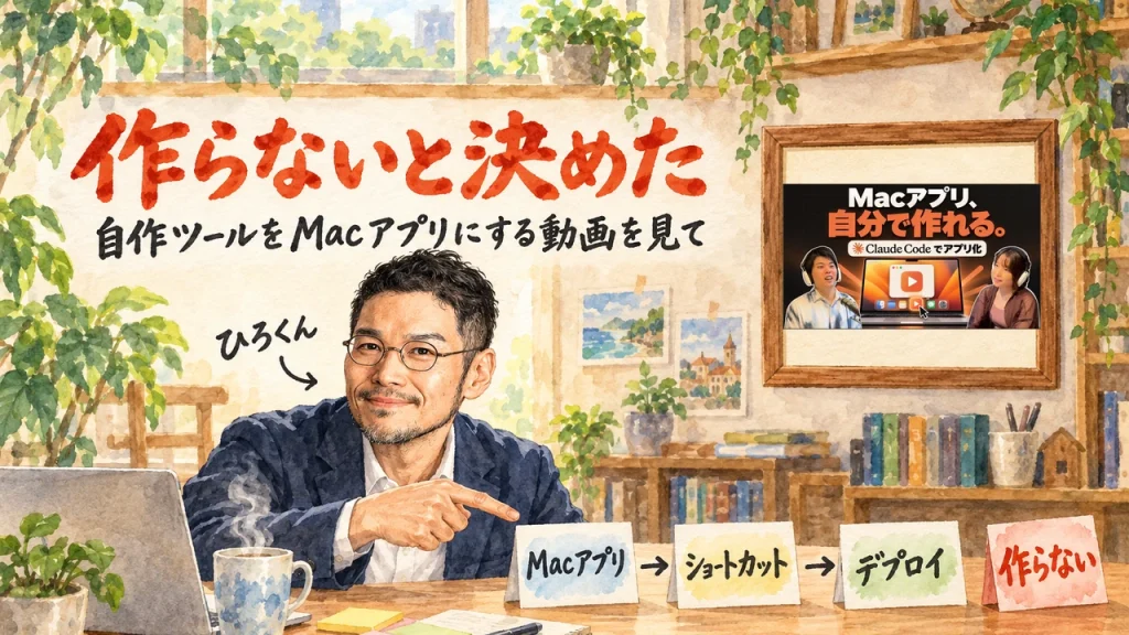 ひろくんが机の前で、「Macアプリ」「ショートカット」「デプロイ」の札と、赤い「作らない」の札を指さすアイキャッチ。題字は「作らないと決めた」自作ツールをMacアプリにする動画を見て。右上の壁に動画のサムネイル