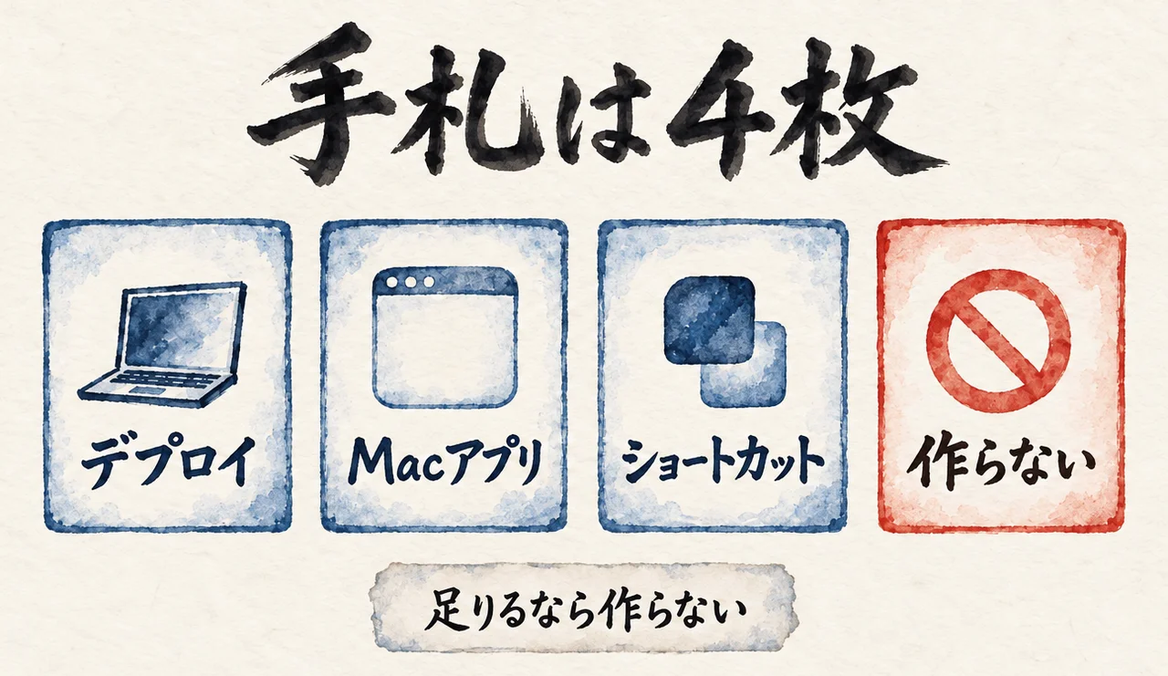 「デプロイ」「Macアプリ」「ショートカット」と、朱色の縁の「作らない」の4枚のカードが並び、下に「足りるなら作らない」の札がある図解
