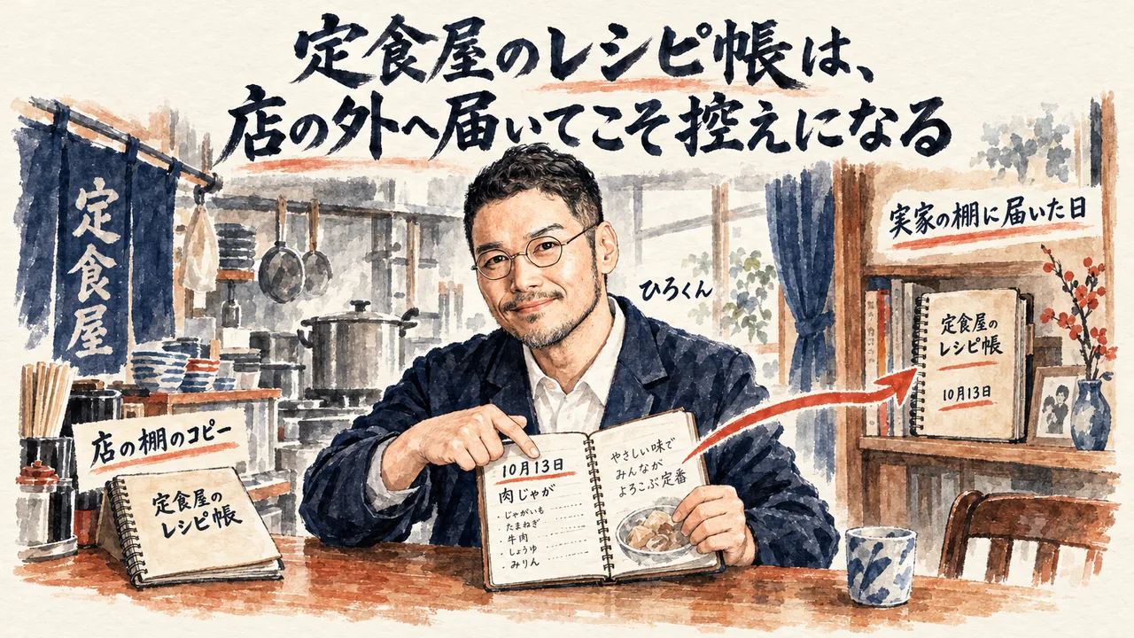 定食屋のレシピ帳を、店の棚のコピーと実家の棚に届いた日で見比べるひろくんのコラム図解