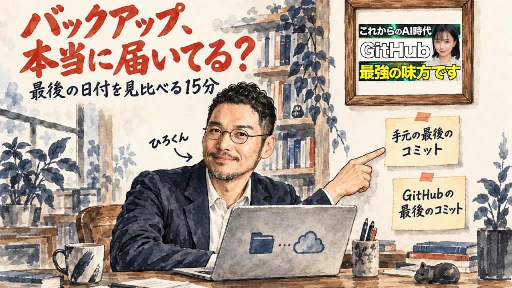 バックアップは本当に届いているかを、手元とGitHubの最後のコミットの付箋を指して見比べるひろくんと、壁に掛けた動画のサムネイル