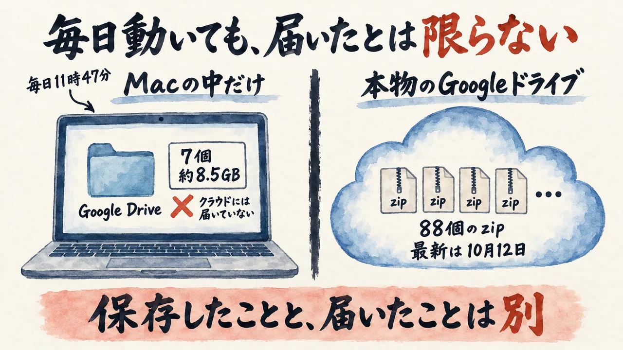 毎日11時47分のバックアップのうち7個、約8.5GBがMacの中の「Google Drive」フォルダに残り、本物のGoogleドライブには88個のzipがある違いを左右に並べた図解