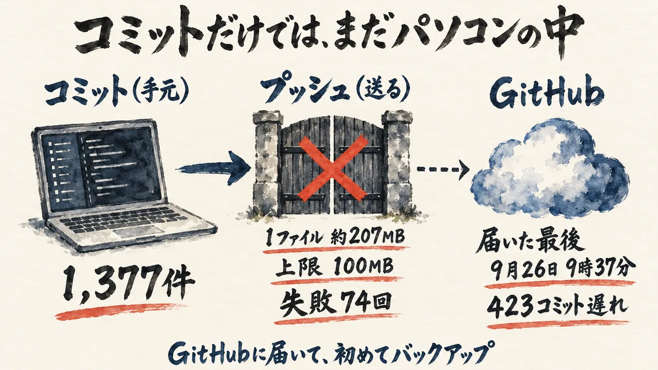 手元のコミット1,377件、約207MBのファイルが100MBの上限で断られた送信、GitHubに届いた最後が9月26日9時37分で423コミット遅れという流れを示した図解