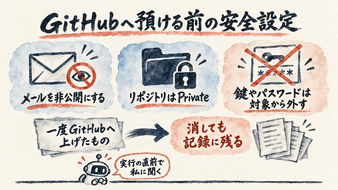 メール非公開・Private・鍵やパスワードを対象から外す3つの設定と、一度上げたものは消しても記録に残ること、実行の直前で私に聞く線を示した図解