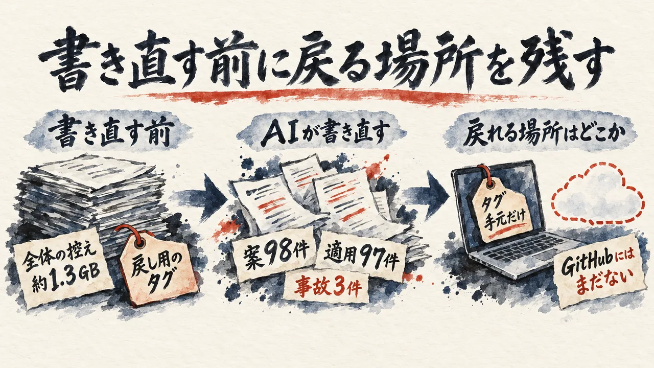 書き直す前の控え約1.3GBと戻し用のタグ、AIが書き直した案98件と適用97件、タグは手元だけでGitHubにはまだないという流れを示した図解