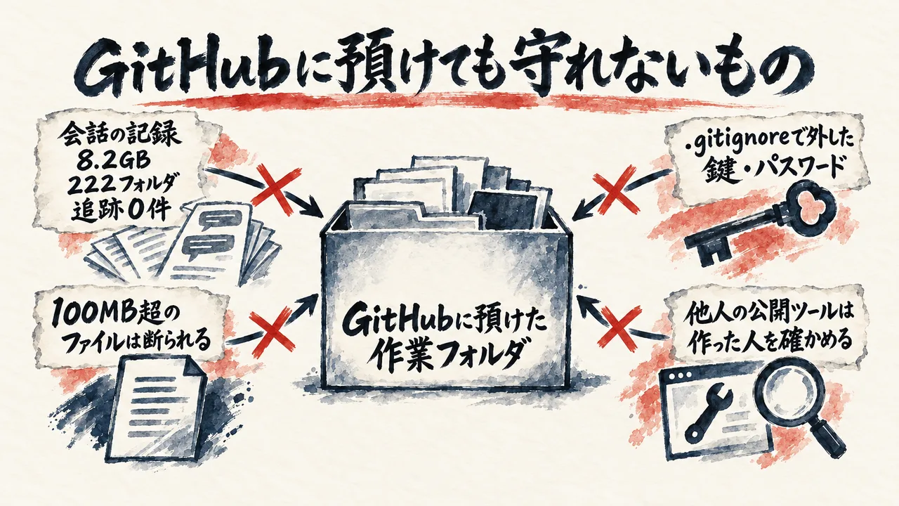 会話の記録8.2GB、.gitignoreで外した鍵やパスワード、100MBを超えるファイル、他人の公開ツールが、GitHubに預けた作業フォルダでは守れないものであることを示した図解