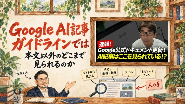 アイキャッチ: 朱色の筆文字でGoogle AI記事 ガイドラインでは本文以外のどこまで見られるのかと書いた題、ページの各部分に貼った付箋と虫眼鏡、左下に小さく笑顔のひろくん、壁に動画のサムネイル