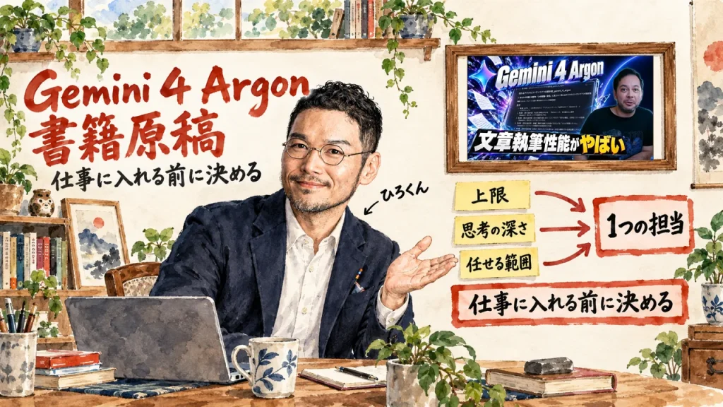ひろくんが笑顔で、上限・思考の深さ・任せる範囲の3枚の付箋が、1つの担当に集まる図を紹介している。筆文字は Gemini 4 Argon 書籍原稿。壁に動画のサムネイル