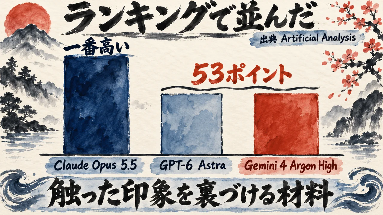 Artificial Analysis のランキングで、Claude Opus 5.5 が一番高く、GPT-6 Astra と Gemini 4 Argon（High）が53ポイントで並ぶ、3本の棒グラフ。タイトルはランキングで並んだ