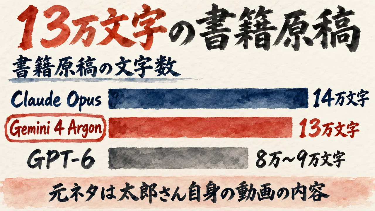 書籍原稿の文字数の横棒グラフ。Claude Opus が14万文字、Gemini 4 Argon が13万文字、GPT-6 が8万〜9万文字。タイトルは13万文字の書籍原稿