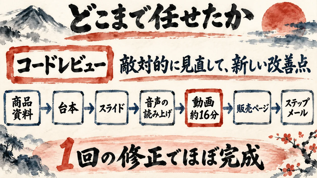 コードレビューは敵対的に見直して新しい改善点が出て、セールス素材は商品資料・台本・スライド・音声の読み上げ・動画・販売ページ・ステップメールの順に進んだ、という流れ図。タイトルはどこまで任せたか