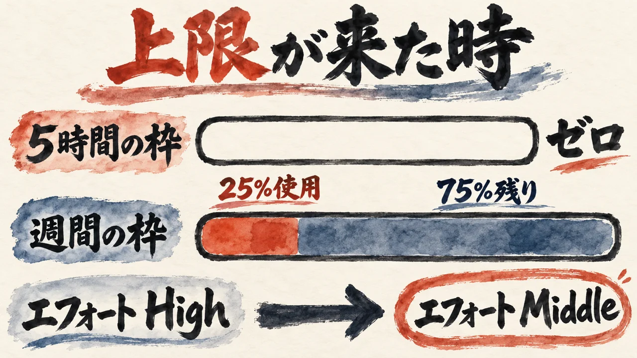 5時間の枠はゼロ、週間の枠は25%使用で75%残り、エフォートを High から Middle に下げる手がある、というゲージ2つと矢印の図。タイトルは上限が来た時