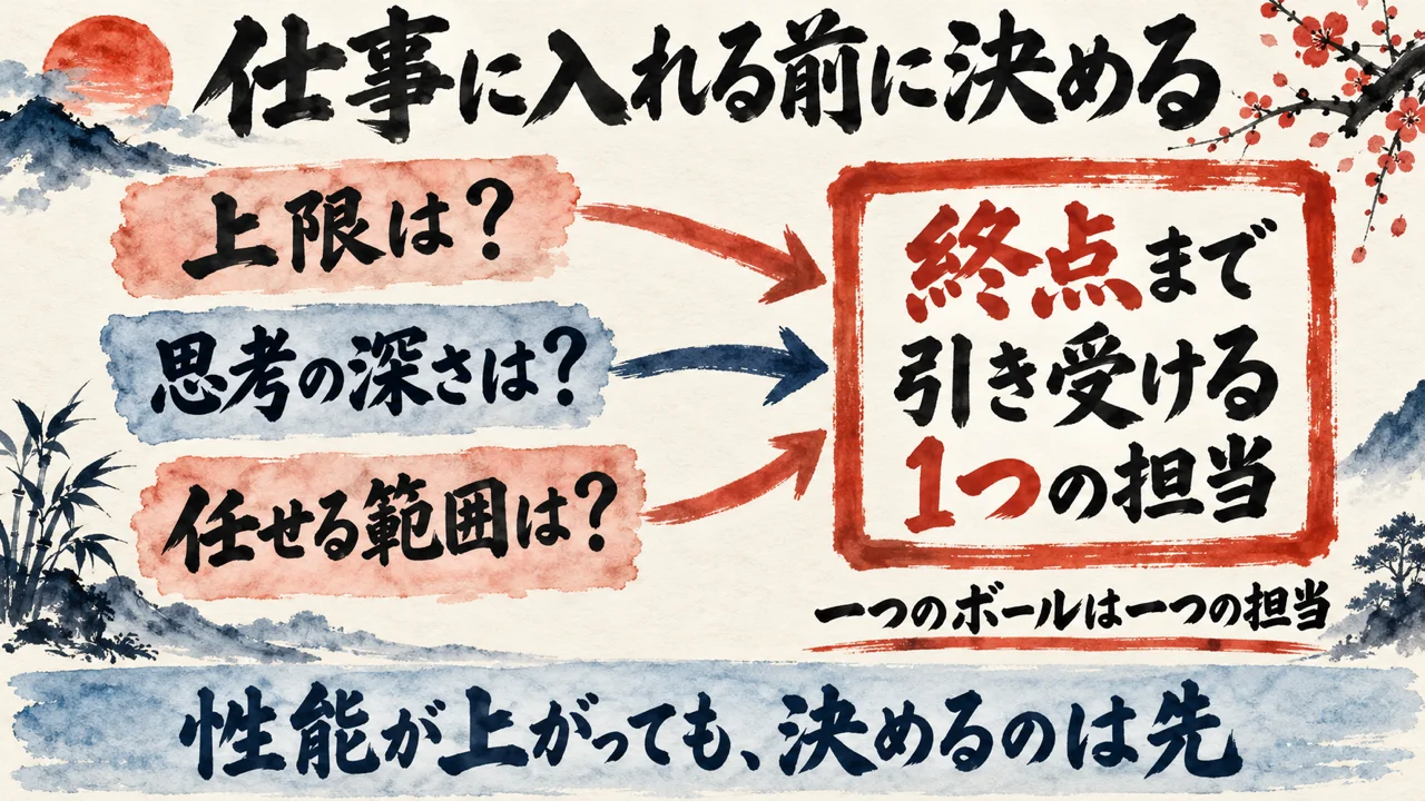 上限・思考の深さ・任せる範囲の3つの問いが、終点まで引き受ける1つの担当に集まる図。タイトルは仕事に入れる前に決める