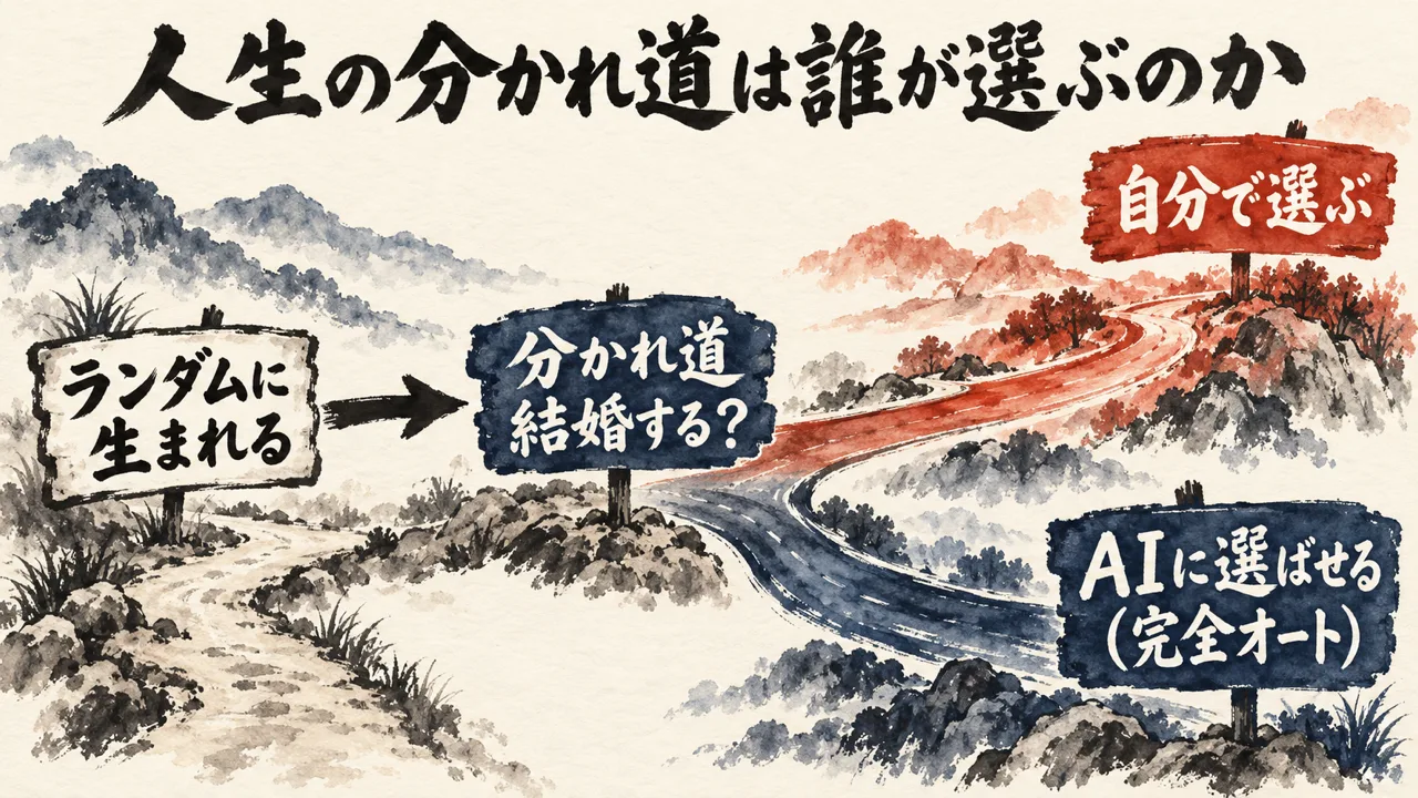 図解: ランダムに生まれてから、結婚するかの分かれ道で、自分で選ぶ道とAIに選ばせる完全オートの道に分かれる