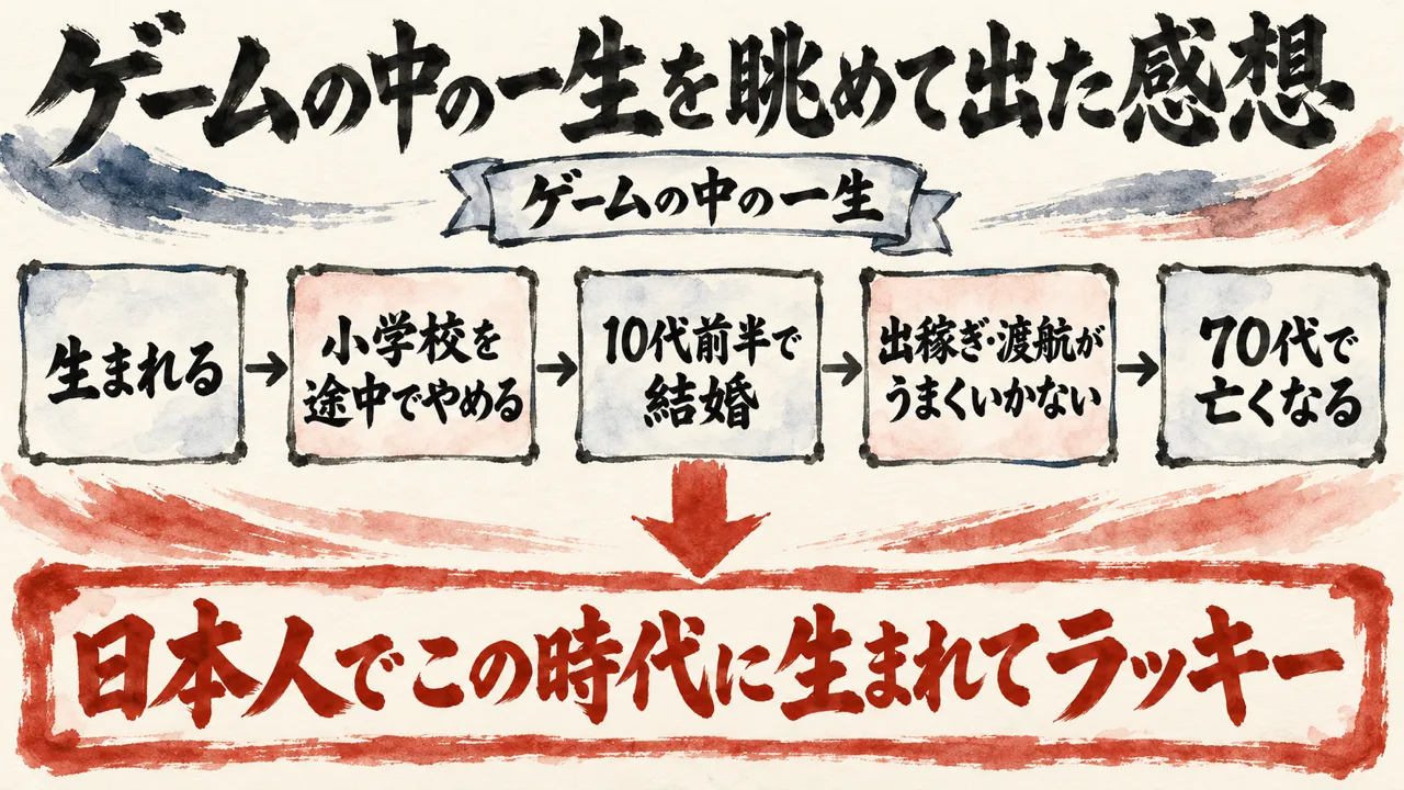 図解: ゲームの中の一生（生まれる・小学校を途中でやめる・10代前半で結婚・出稼ぎや渡航がうまくいかない・70代で亡くなる）を眺めて、日本人でこの時代に生まれてラッキーと感じた